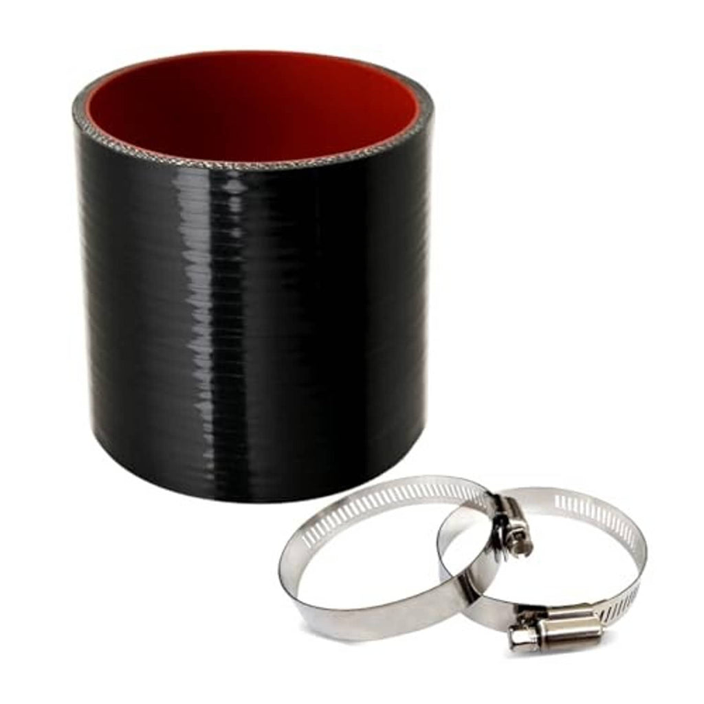 Black silicone hose coupler with red interior and two silver worm-drive hose clamps