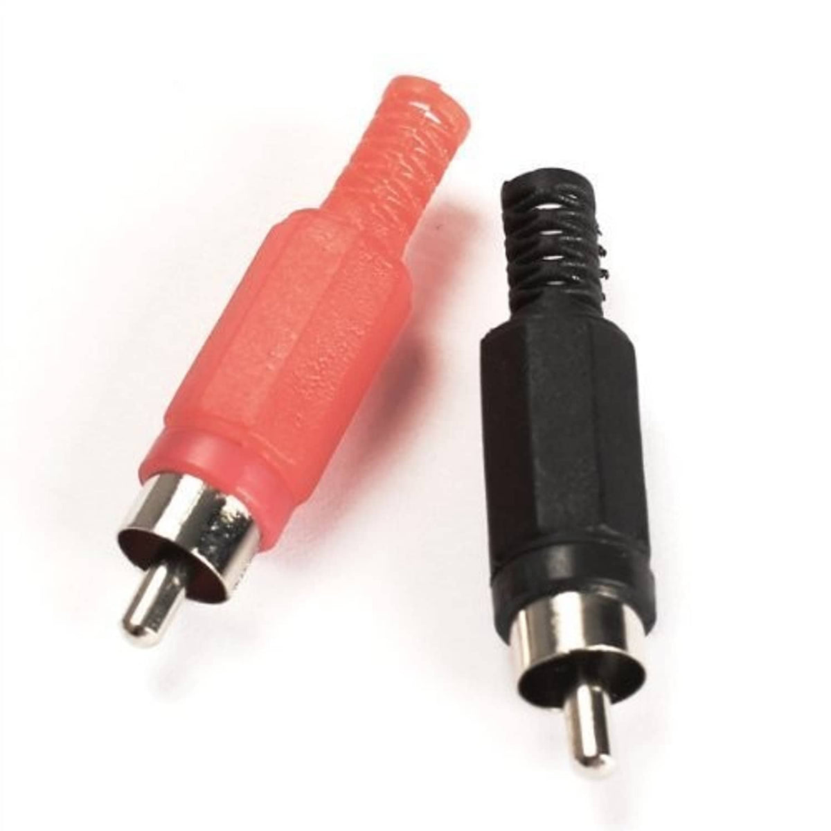 RCA male plug adapters close-up, red and black housings with metal pins