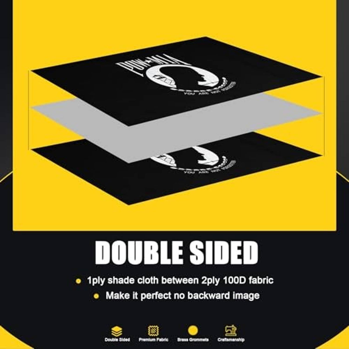 Double-sided outdoor flag design showing POW-MIA emblem on two panels