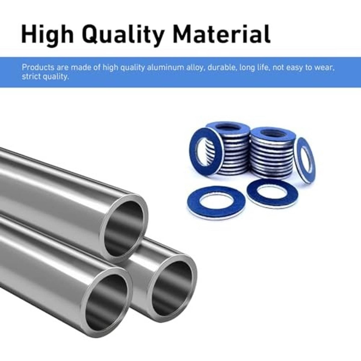 Aluminum oil drain plug gasket washers with blue rings, shown with metal components