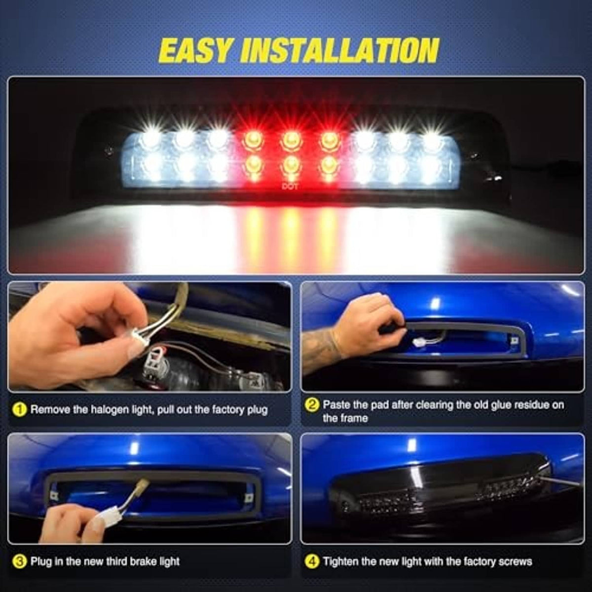 Third brake light LED bar glowing with red and white lights during installation