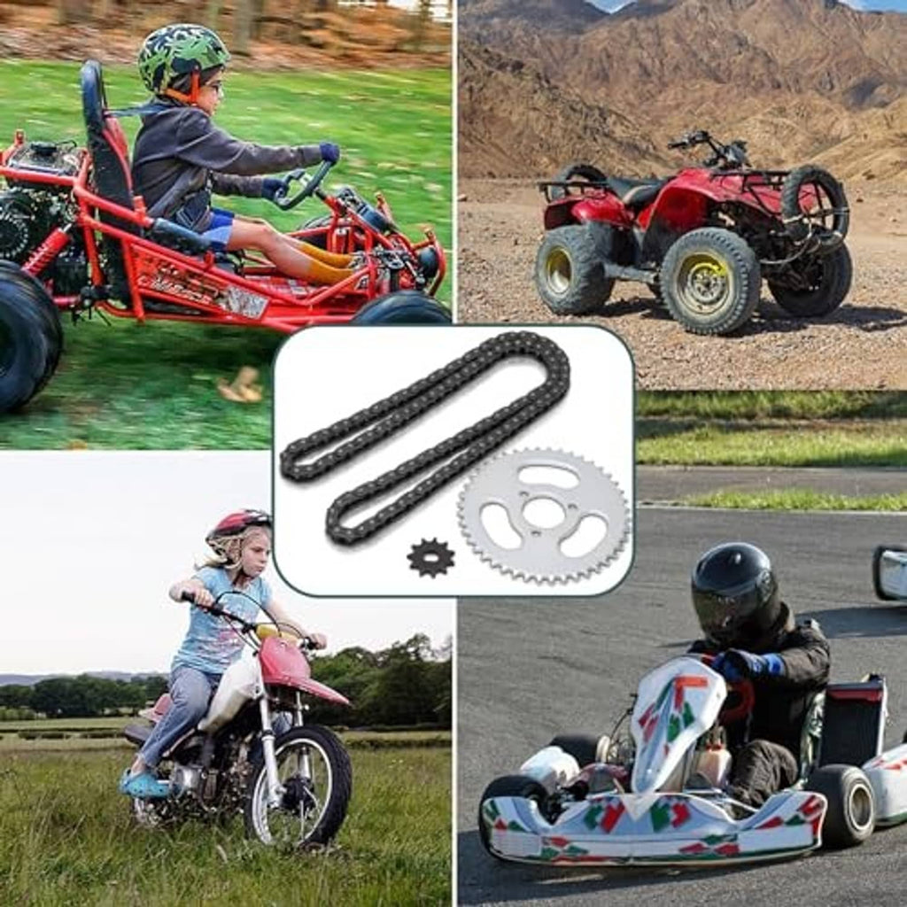 T8F gear chain set parts shown with chain and sprockets beside ride images