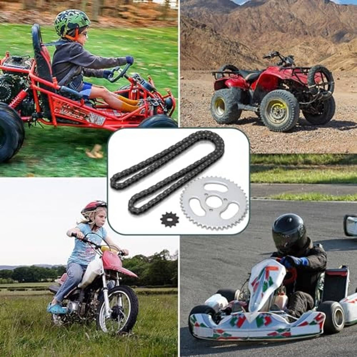 T8F gear chain set parts shown with chain and sprockets beside ride images