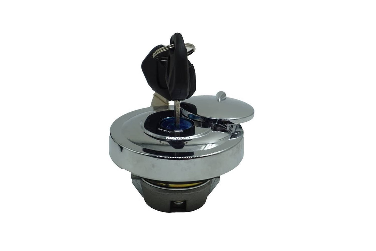 Fuel cap lock with key inserted in chrome round cap