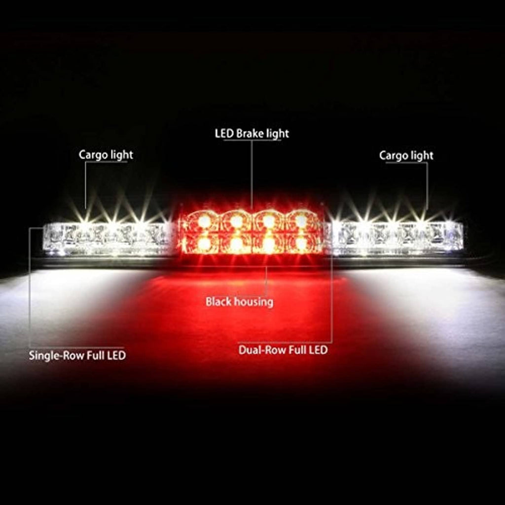 LED third brake light illuminated red with chrome housing and clear side lenses