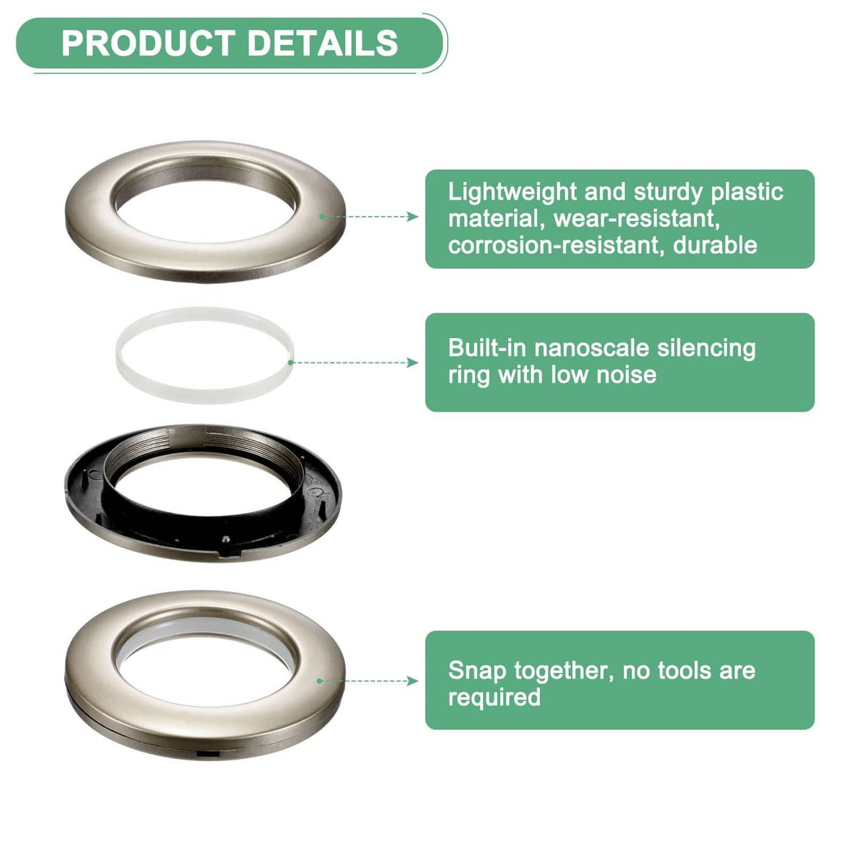 Curtain grommet rings with snap-fit base, shown in light and dark finishes