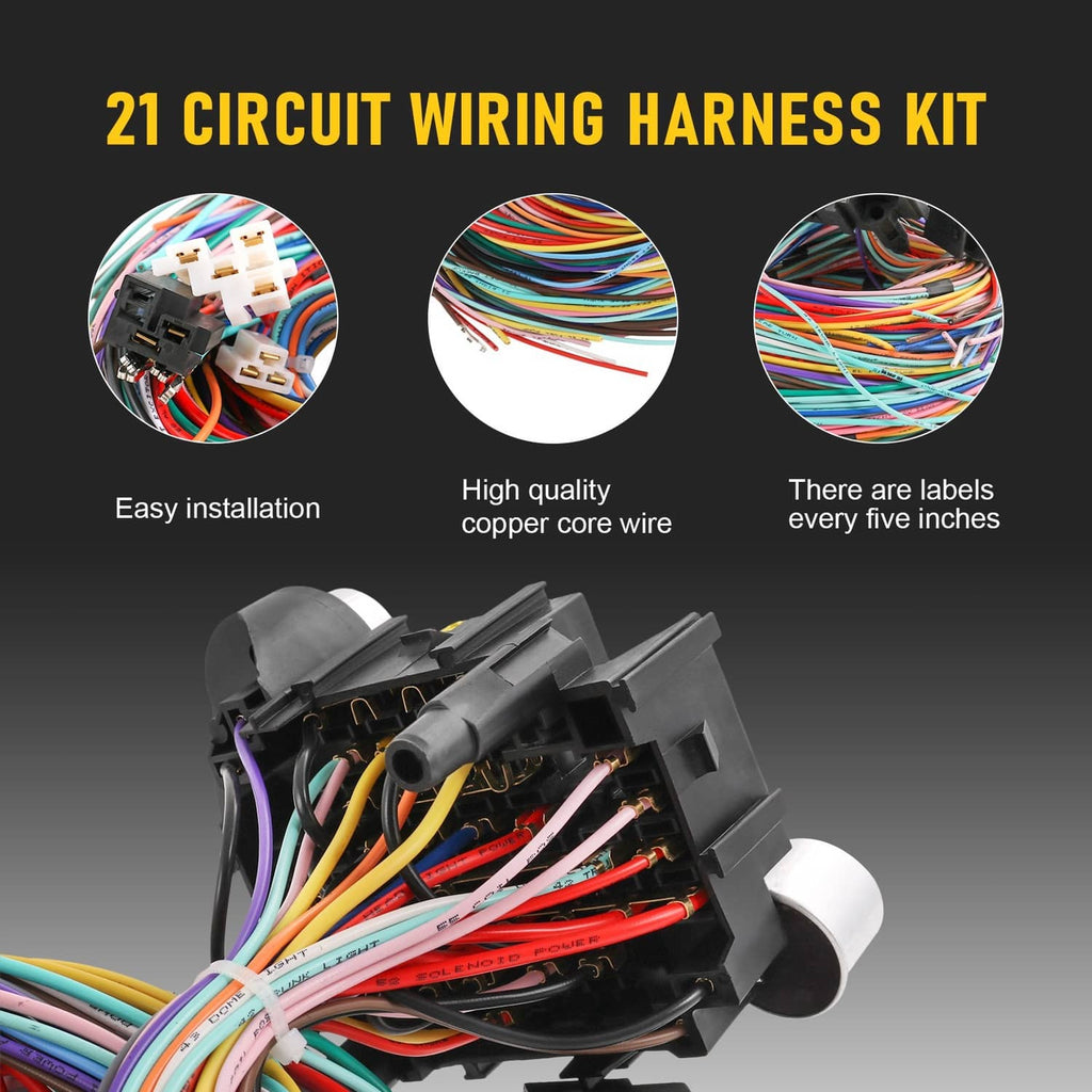 21-circuit wiring harness kit with multi-color wire bundle and black control board, top view