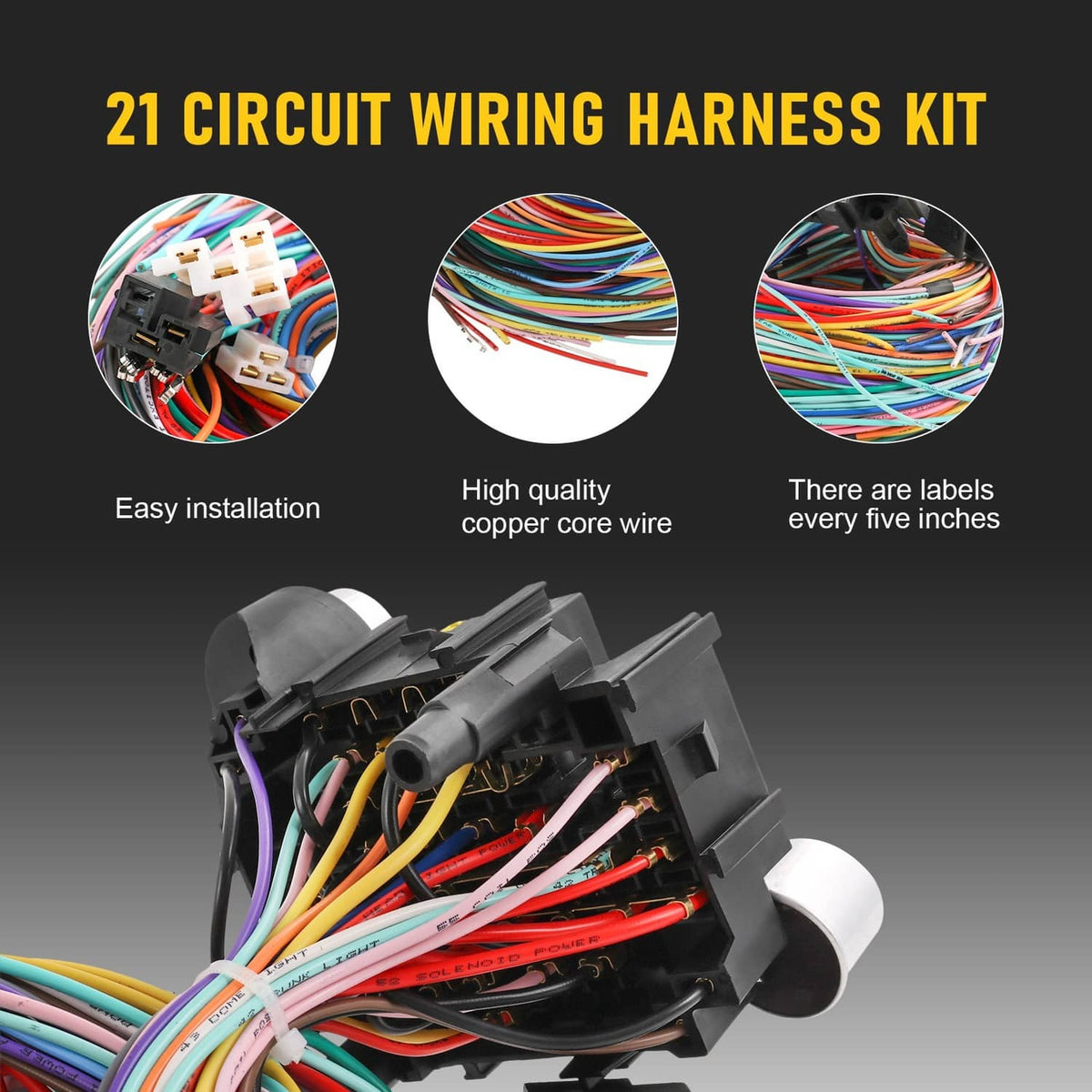 21-circuit wiring harness kit with multi-color wire bundle and black control board, top view