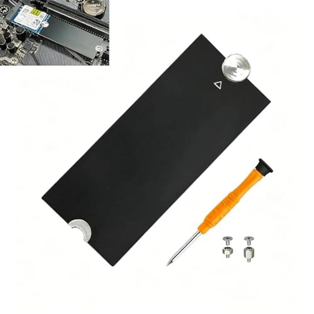 NVMe adapter extender bracket kit, black plate with silver posts and orange driver
