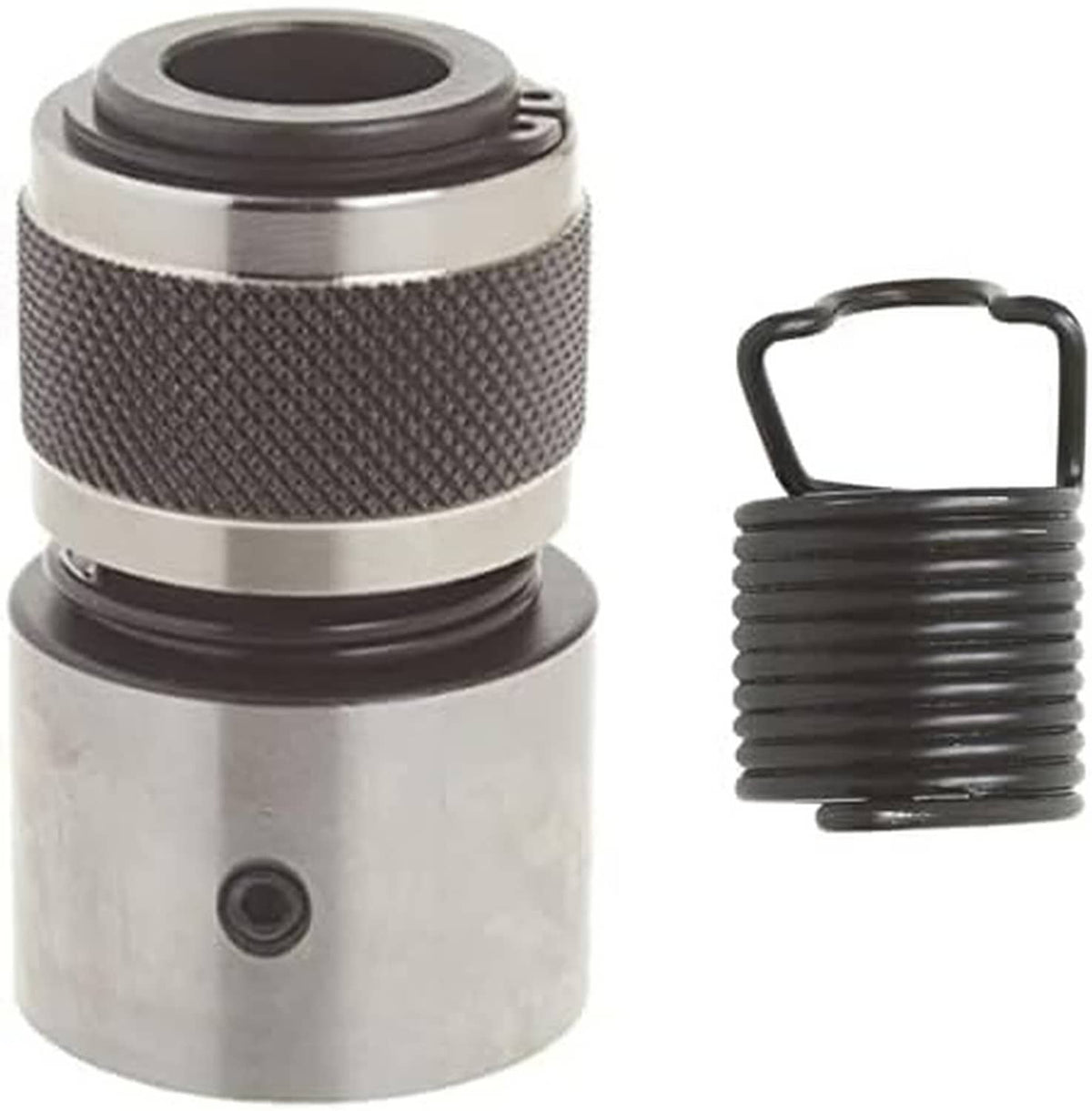 Metal quick-change chisel retainer, textured midsection, dark collar, and wire clip