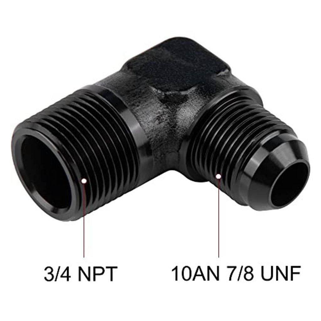 Black 90-degree elbow adapter with 3/4 NPT and 10AN 7/8 UNF male thread ends