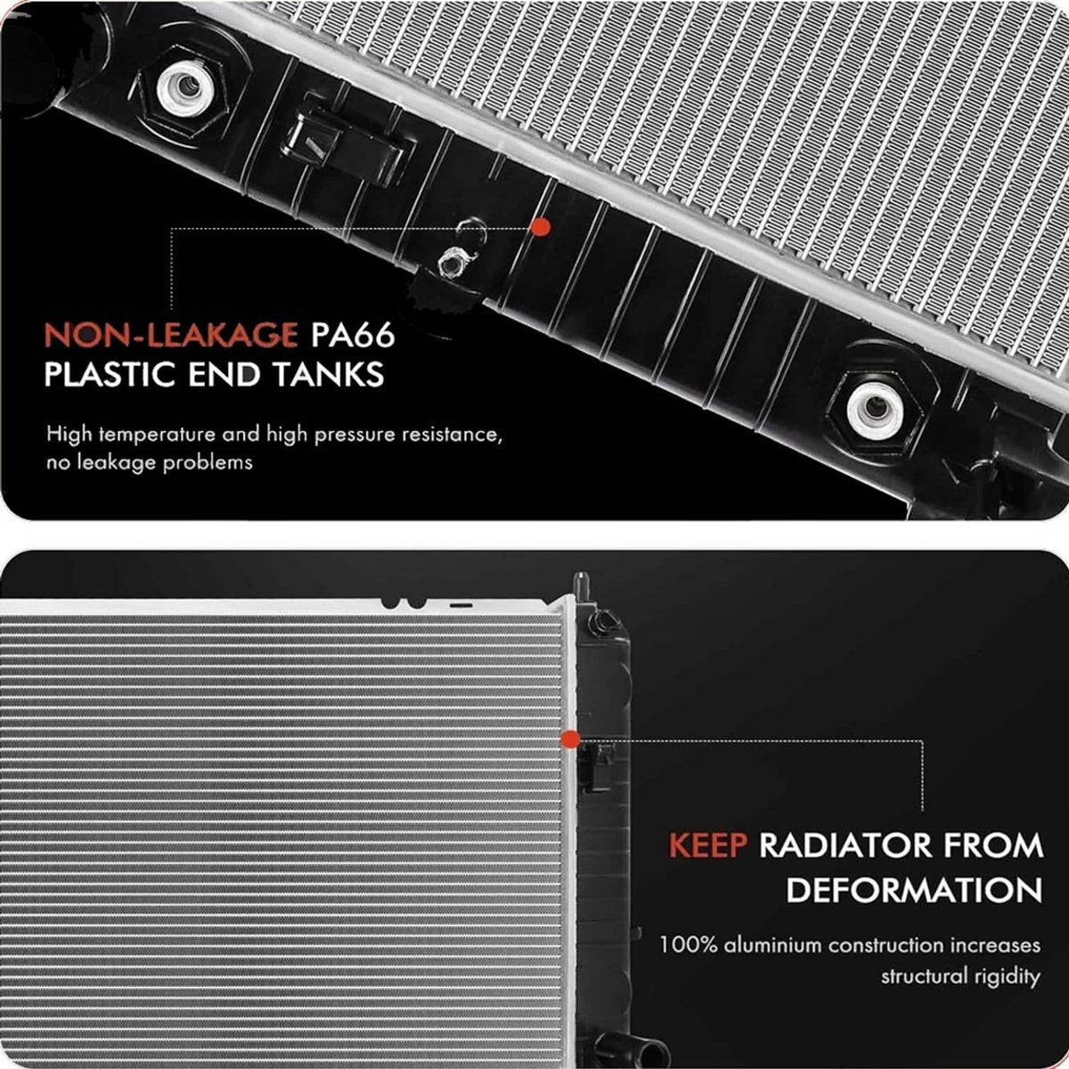 Radiator with non-leak PA66 plastic end tanks and reinforced aluminum core