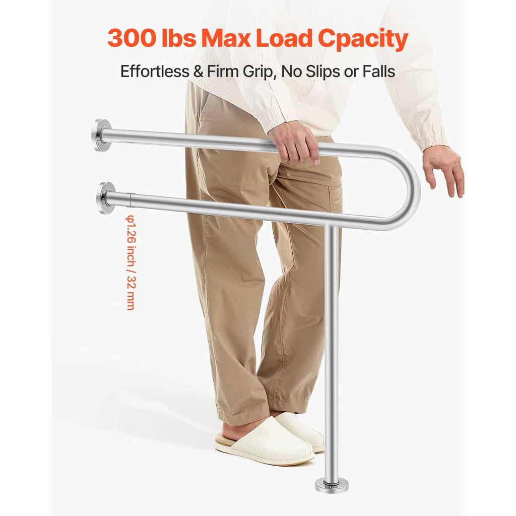 Toilet safety rail with U-shaped stainless grip, hand holding the grab bar