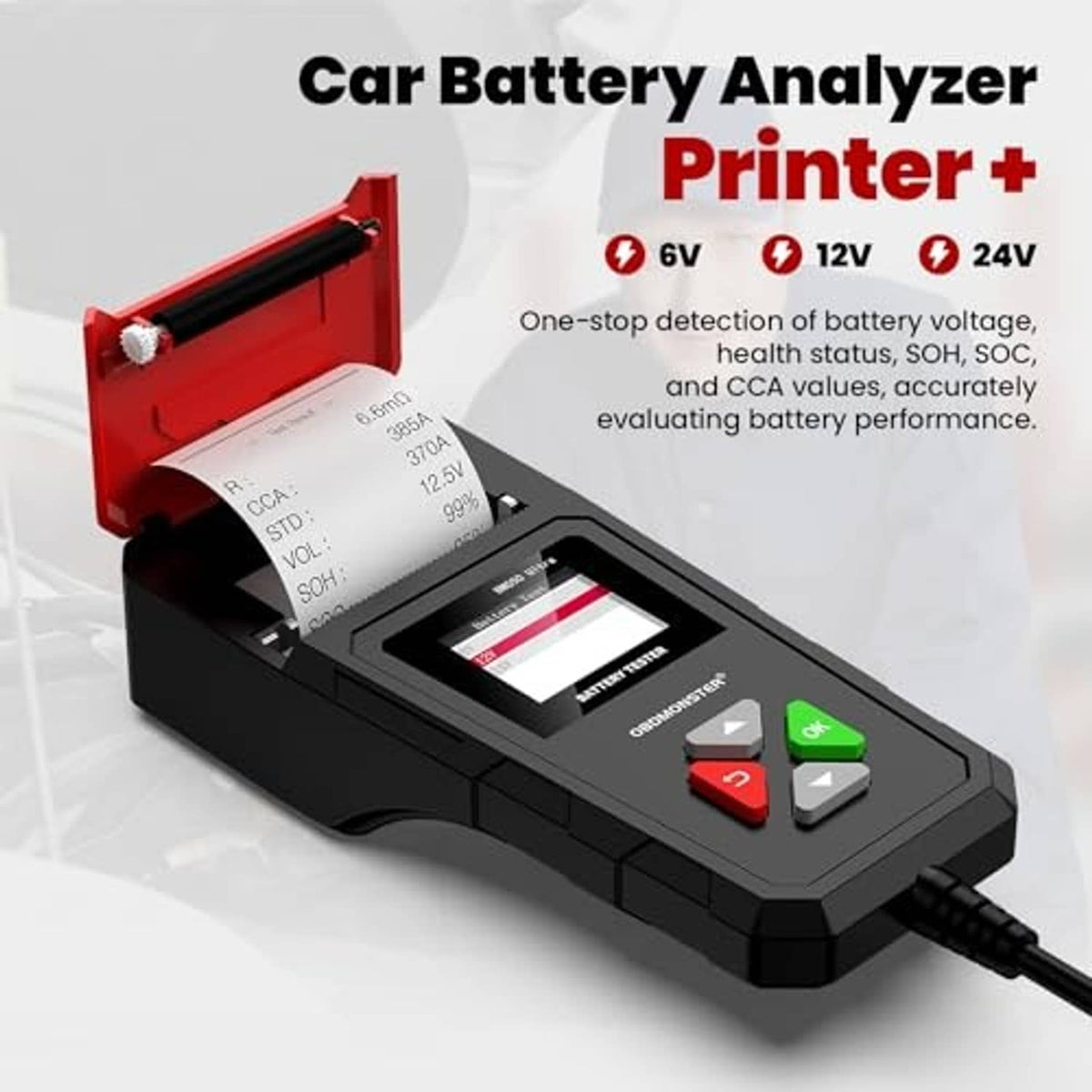 Car battery tester with built-in screen printer slot and red clamp connection leads