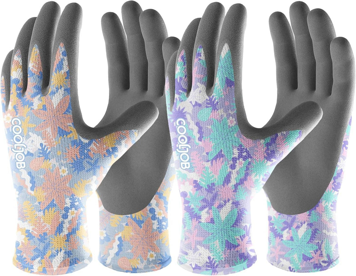 Colorful floral gardening gloves with gray rubber palms (two pairs).