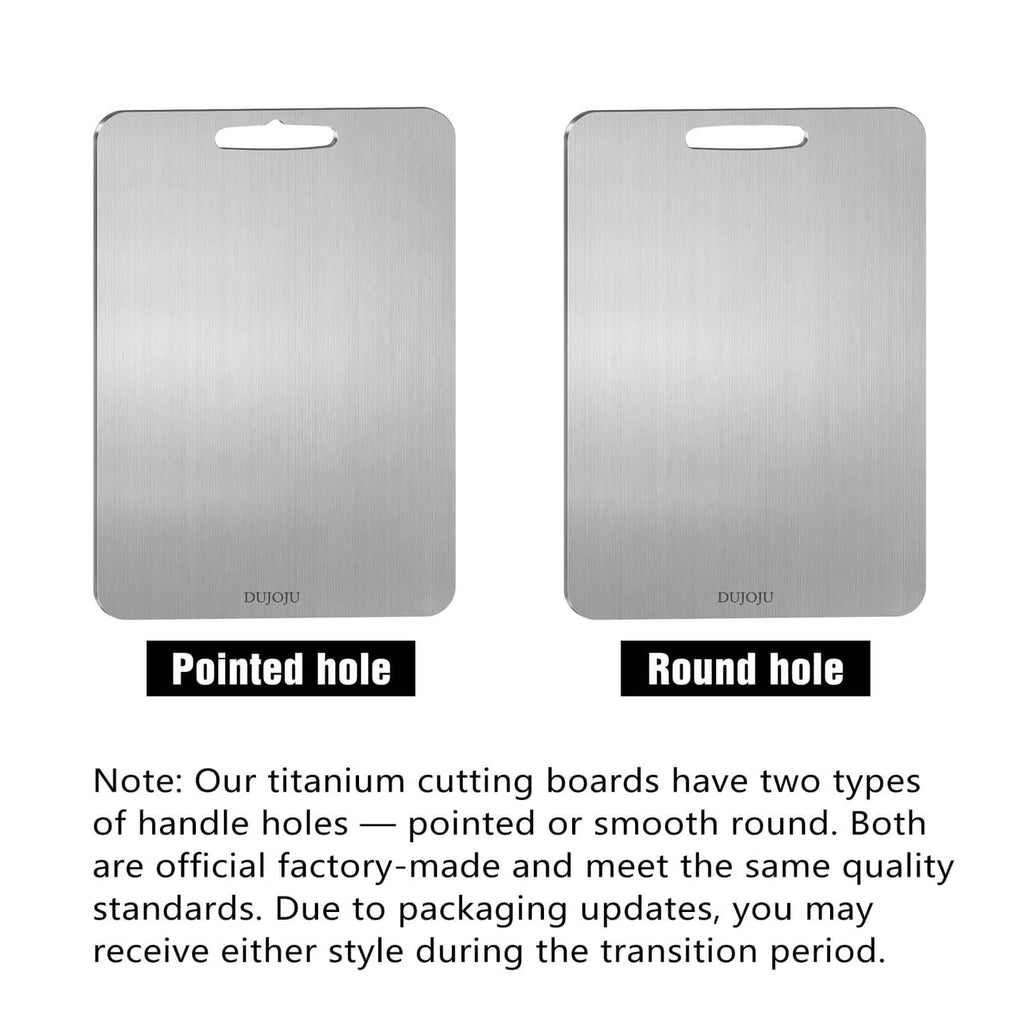Silver titanium cutting boards with pointed-hole and round-hole hanging handles
