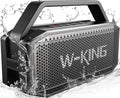 Black portable Bluetooth speaker with front grille, splash water on casing