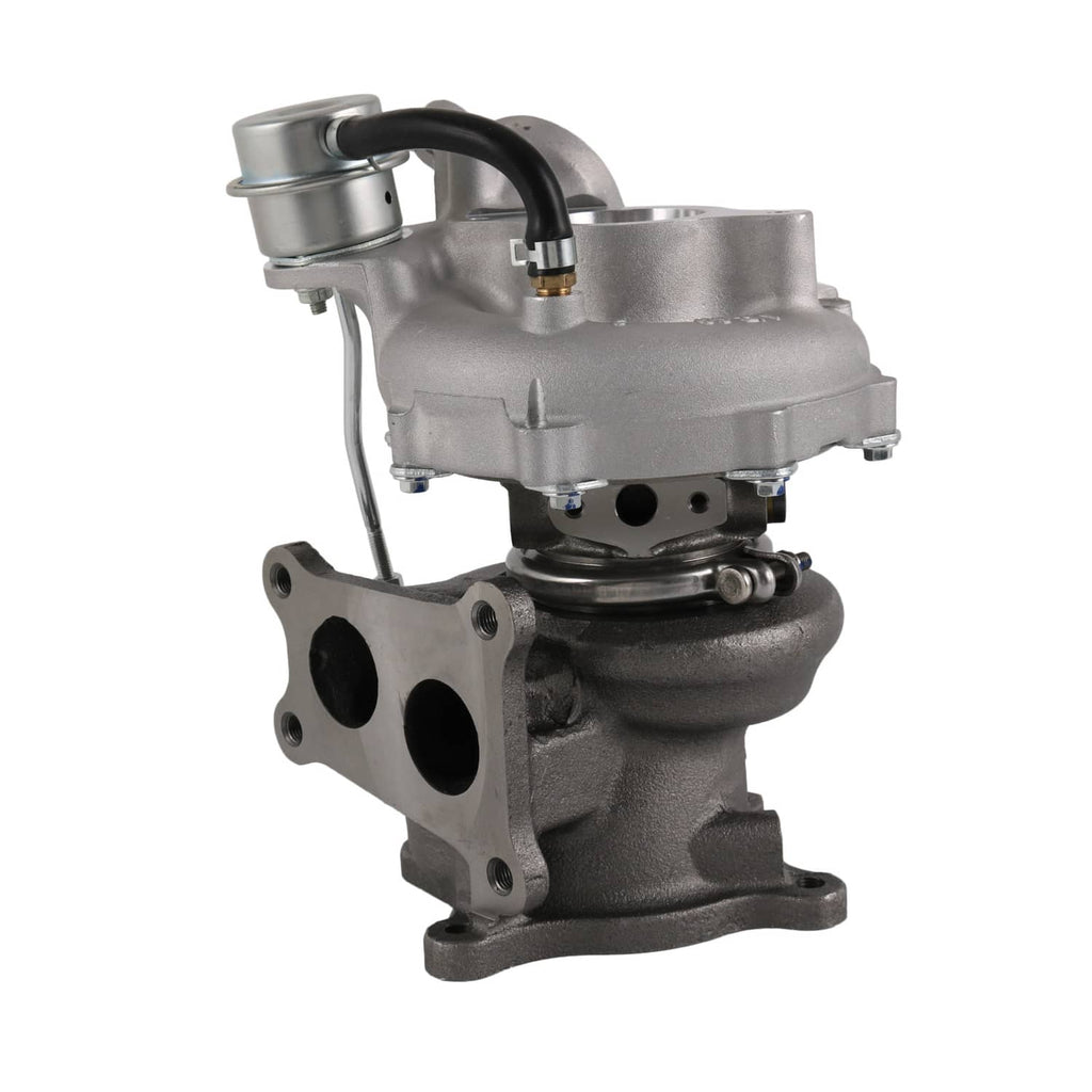 Turbocharger assembly with cast turbine housing and oil inlet line; black outlet opening