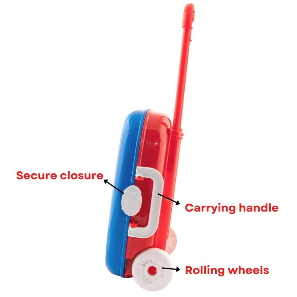 Rolling carry case with carrying handle, secure closure, and rolling wheels