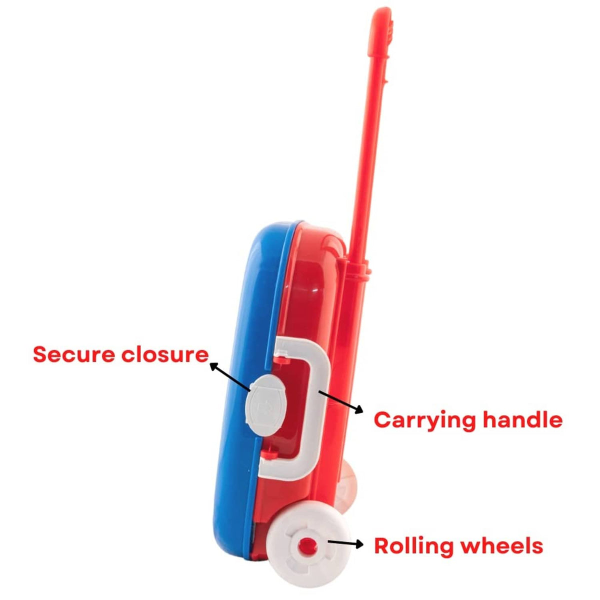 Rolling carry case with carrying handle, secure closure, and rolling wheels