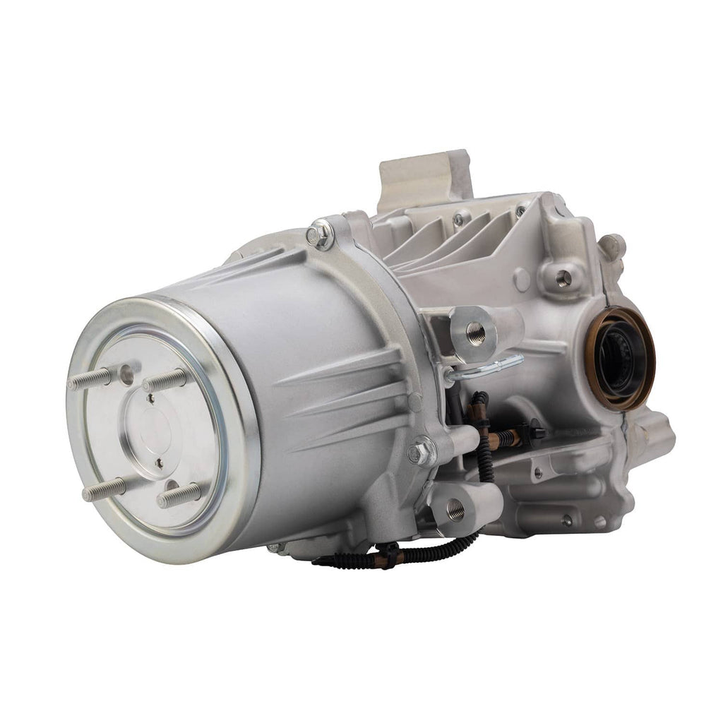 Rear axle differential assembly with front mounting flange and metal housing, silver finish