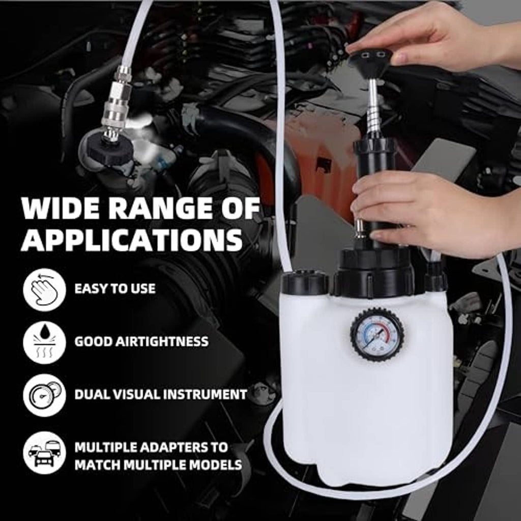Brake fluid vacuum bleeder kit in engine bay with hand pump, gauge, and connected hose