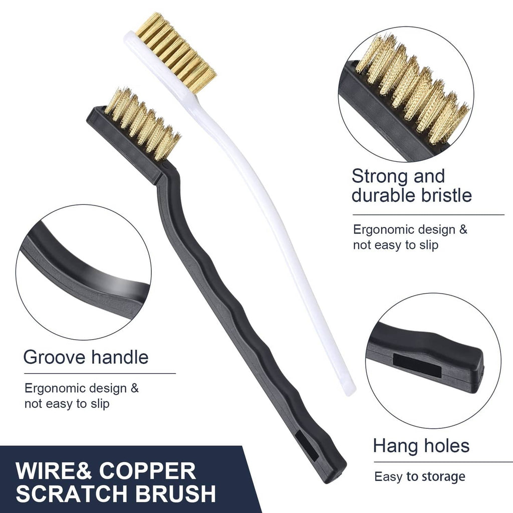 Wire and copper scratch brush set with black handle and brass bristle head