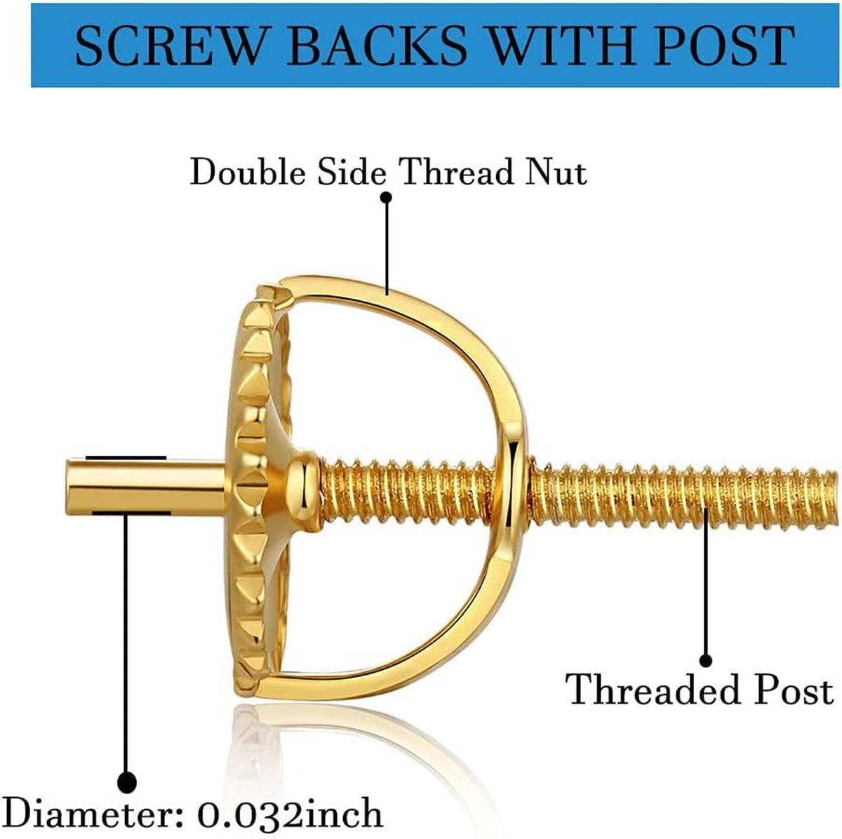 Gold-tone screw earring back with double-sided thread nut and threaded post