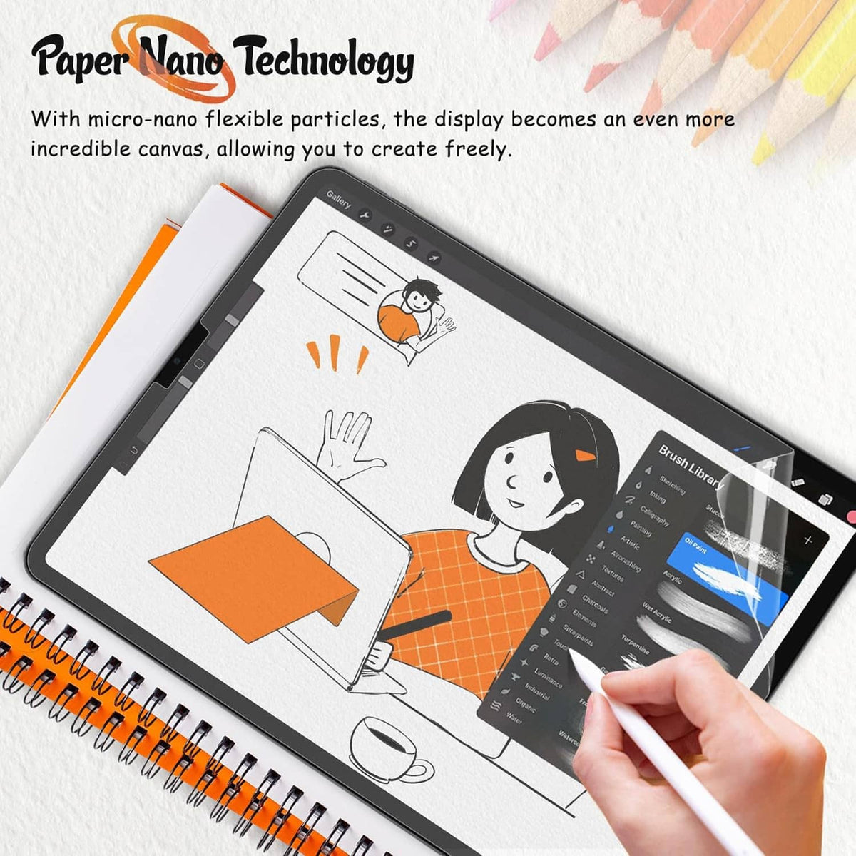 PaperNano technology screen protector over iPad with stylus drawing illustration