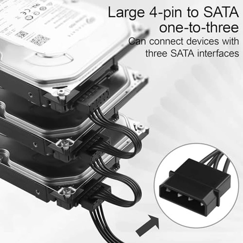 Black 4-pin to SATA power splitter cable connected to computer drives