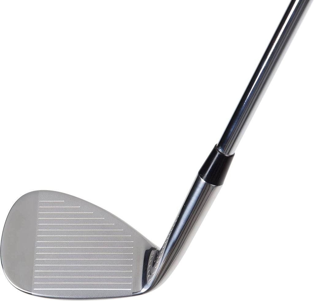 Wedge club sole with horizontal grooves on silver face and chrome hosel
