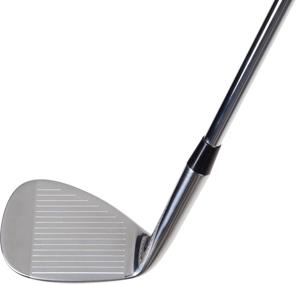 Wedge club sole with horizontal grooves on silver face and chrome hosel