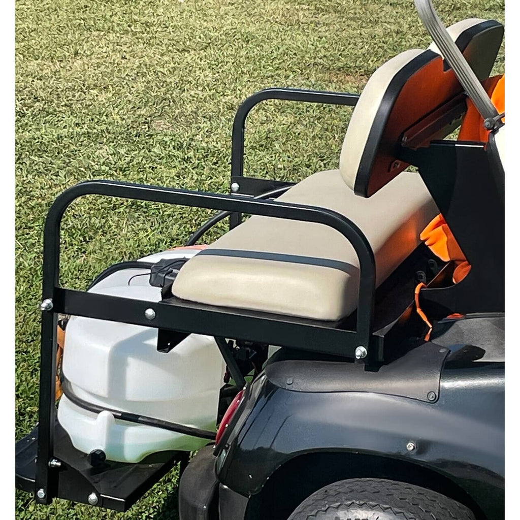 Golf cart rear flip seat kit side view with gray cushions and black guard rails