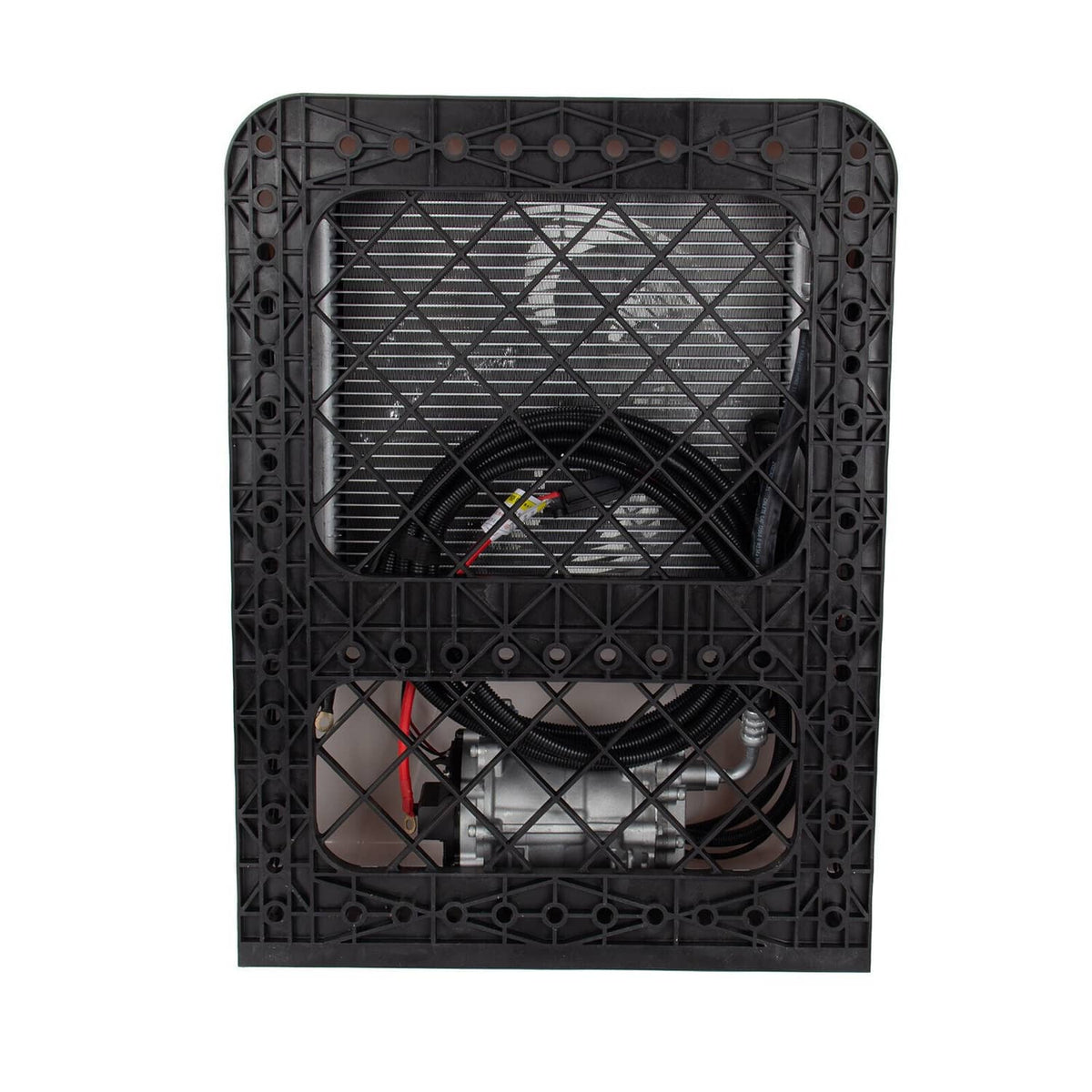 Outdoor unit housing with internal fan and metal grille visible through open case