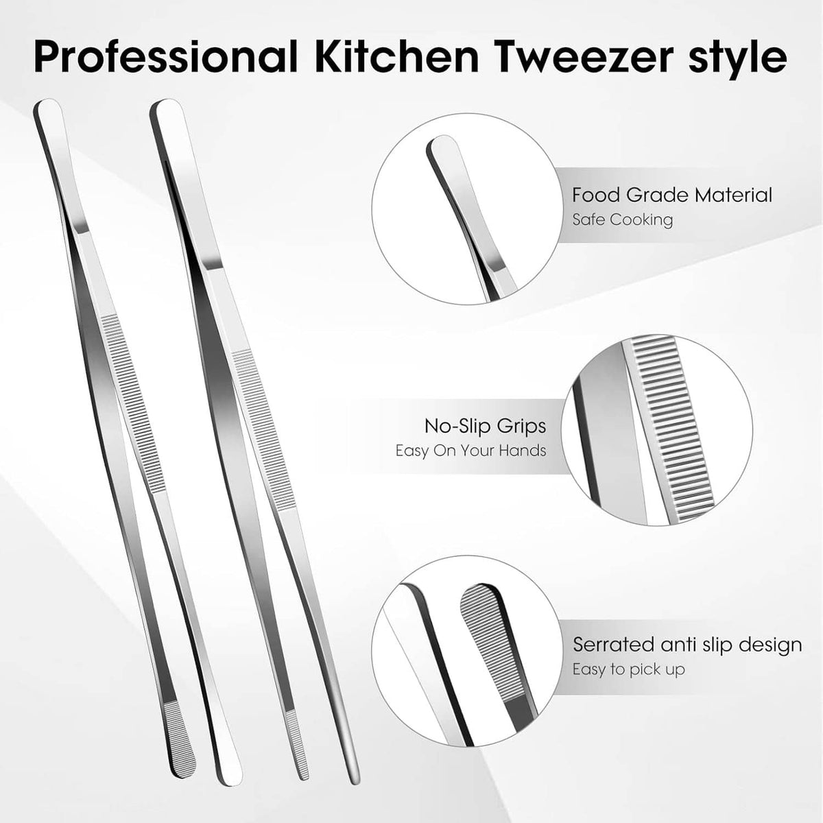 Stainless steel kitchen tweezers with ridged no-slip grips and serrated gripping edges
