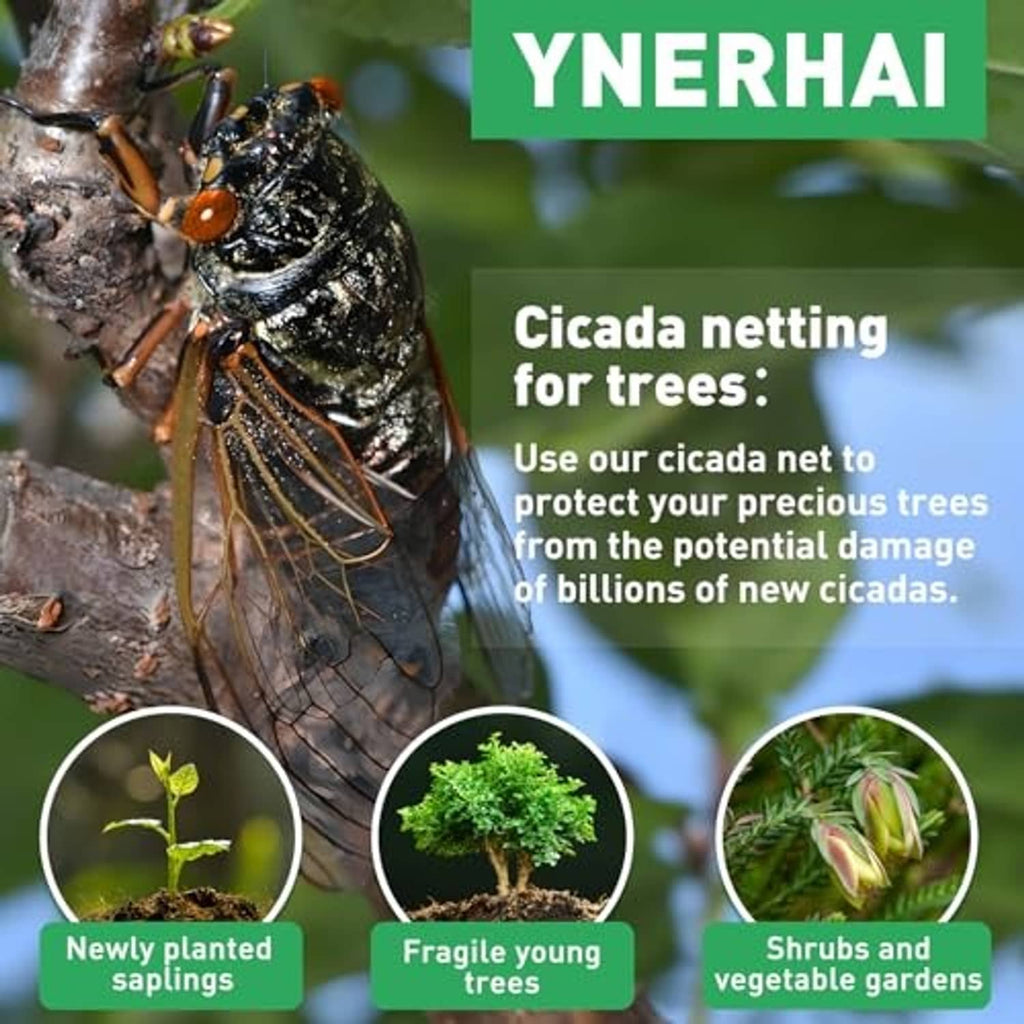 Garden mesh netting barrier for trees, shown protecting against cicadas