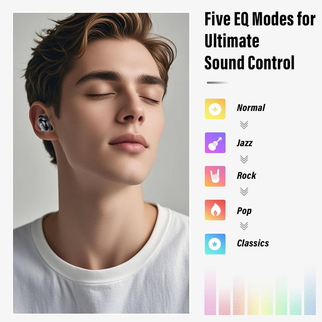 Man wearing black sleep earbuds with EQ mode list graphic and sound mode icons