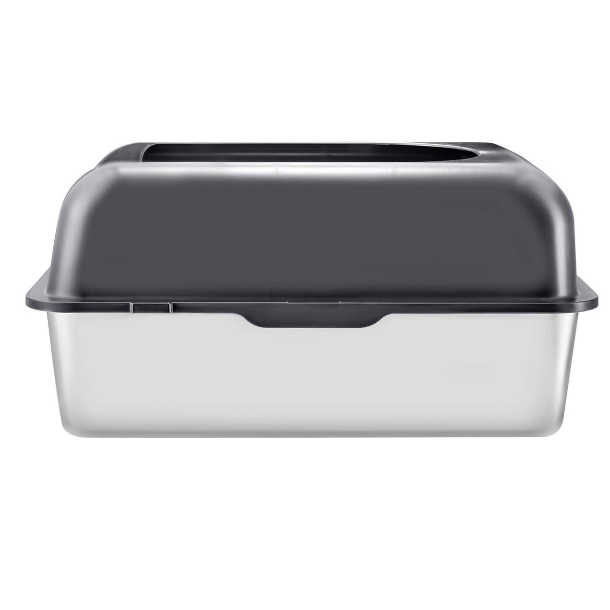 Covered cat litter box with dark gray top and white base, deep rectangular design