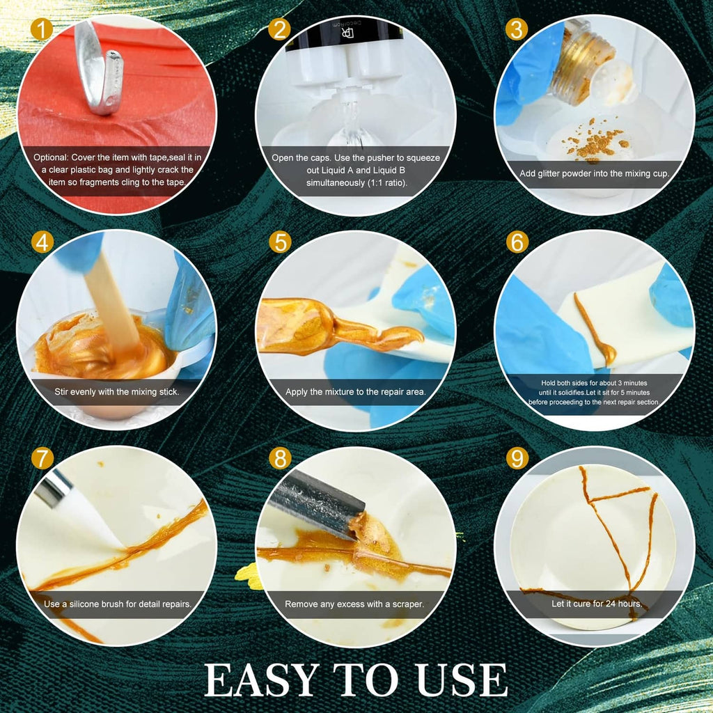 Kintsugi repair kit step-by-step instructions for cleaning, mixing, applying, curing