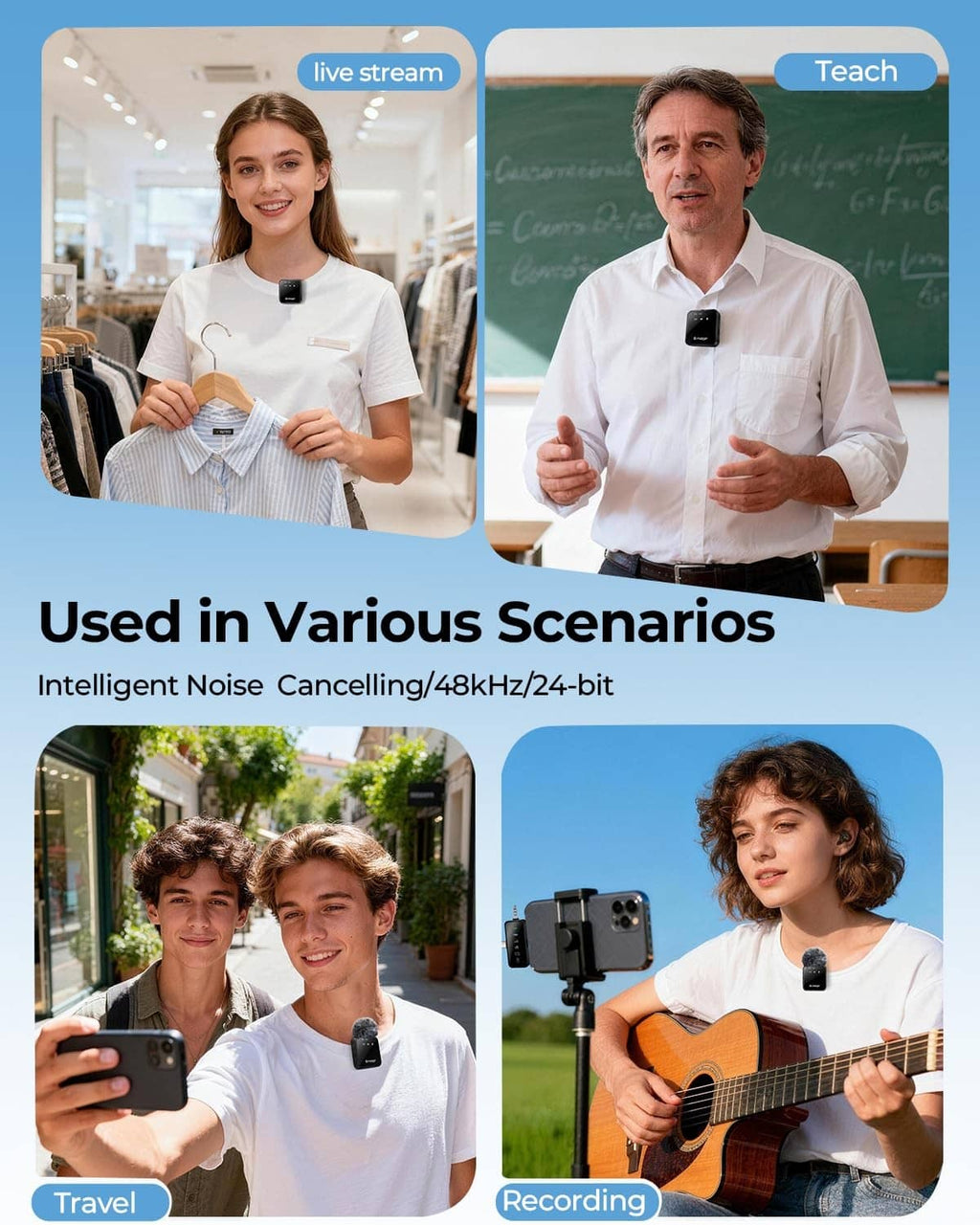 Wireless mini microphone with foam windscreen clipped on a person’s shirt
