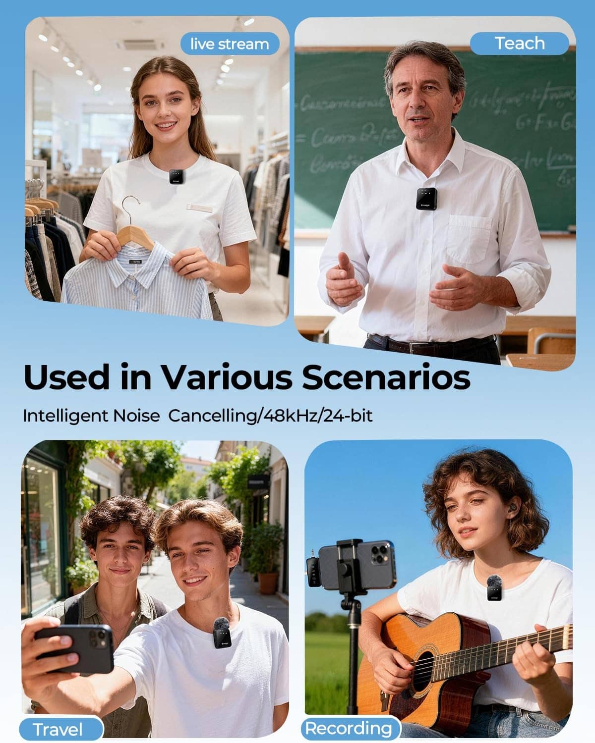 Wireless mini microphone with foam windscreen clipped on a person’s shirt