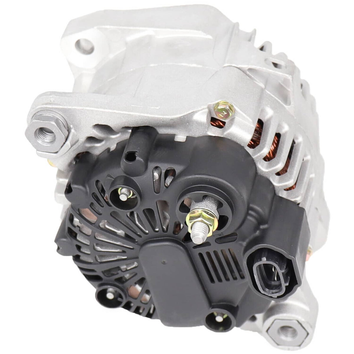 Alternator with silver housing and black rear cover, showing mounting bolts and terminals