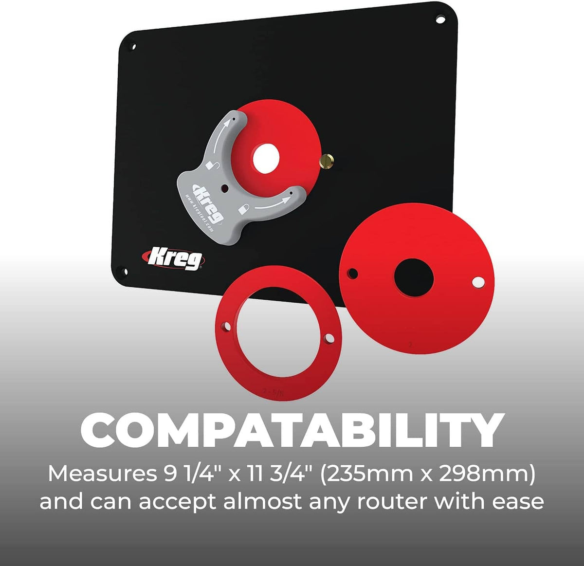 Kreg router insert plate with red cutter ring, red trim ring, and gray alignment bracket