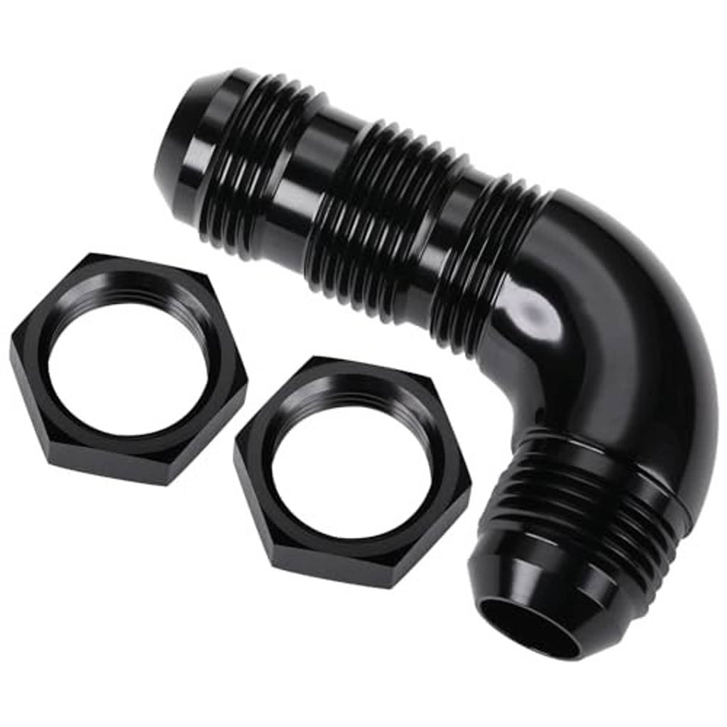 Black 90-degree flare fitting adapter with curved elbow shape and two hex nuts