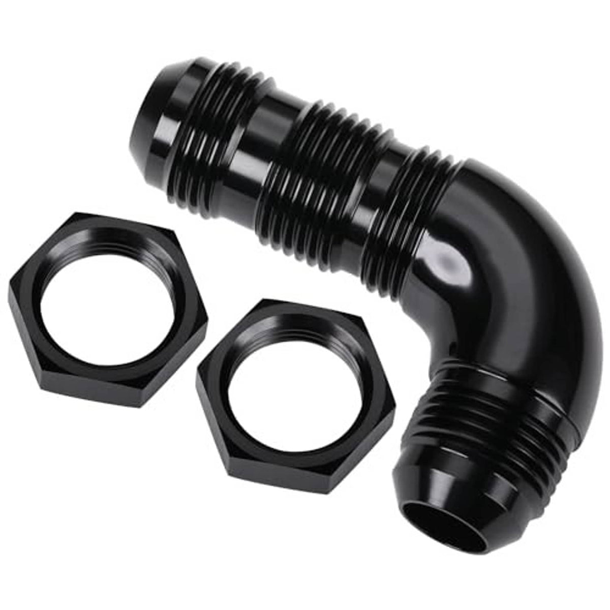 Black 90-degree flare fitting adapter with curved elbow shape and two hex nuts