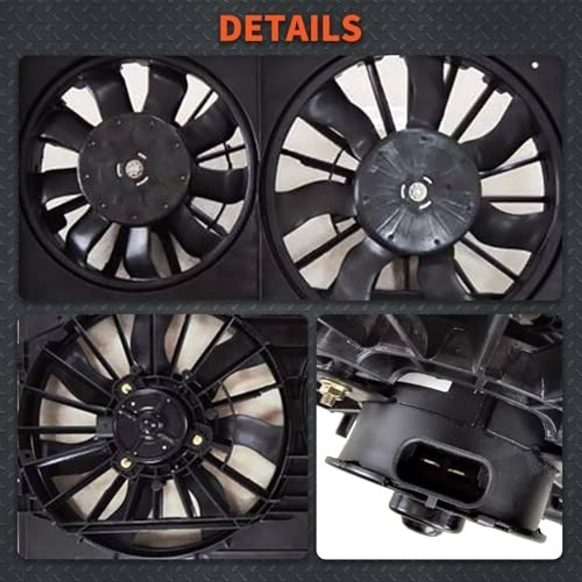 Close-up of black dual radiator cooling fans with circular blades and mounting hardware