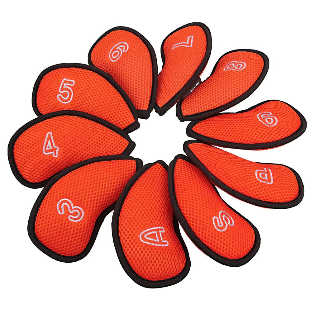 Bright orange mesh golf iron head cover set with white numbers and black trim