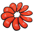 Bright orange mesh golf iron head cover set with white numbers and black trim