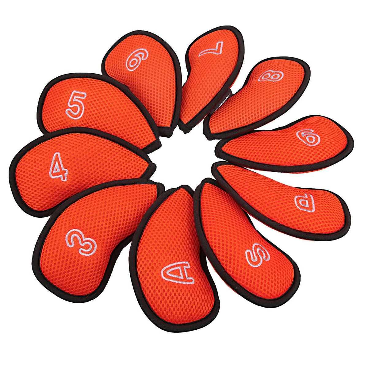 Bright orange mesh golf iron head cover set with white numbers and black trim