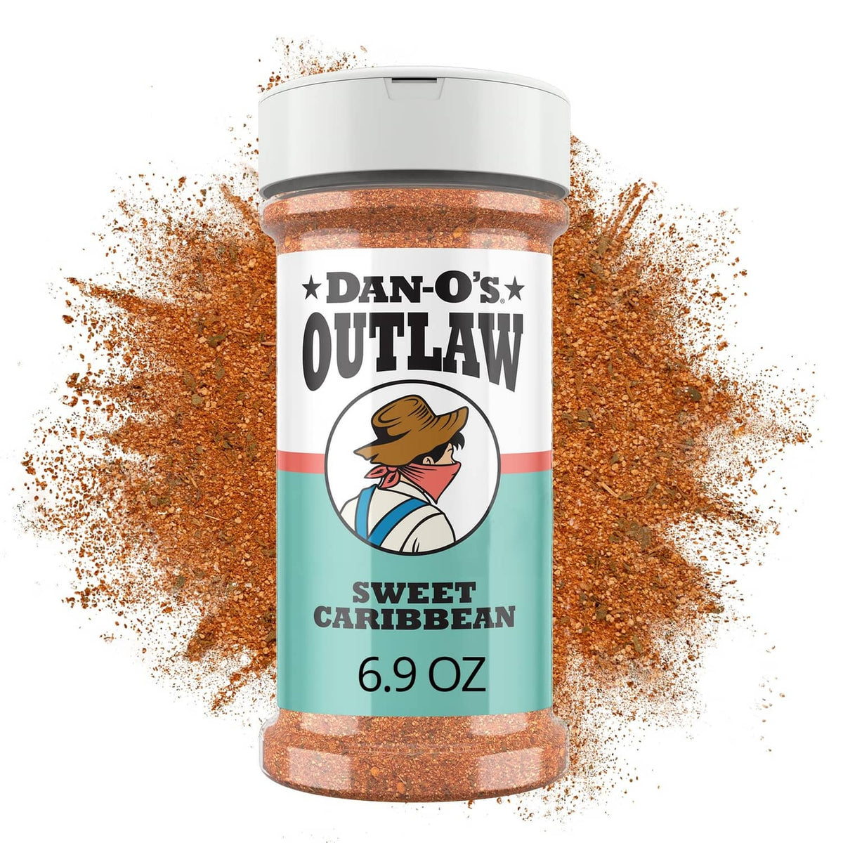 Dan-O's Outlaw Sweet Caribbean seasoning bottle with brown spice powder splash behind